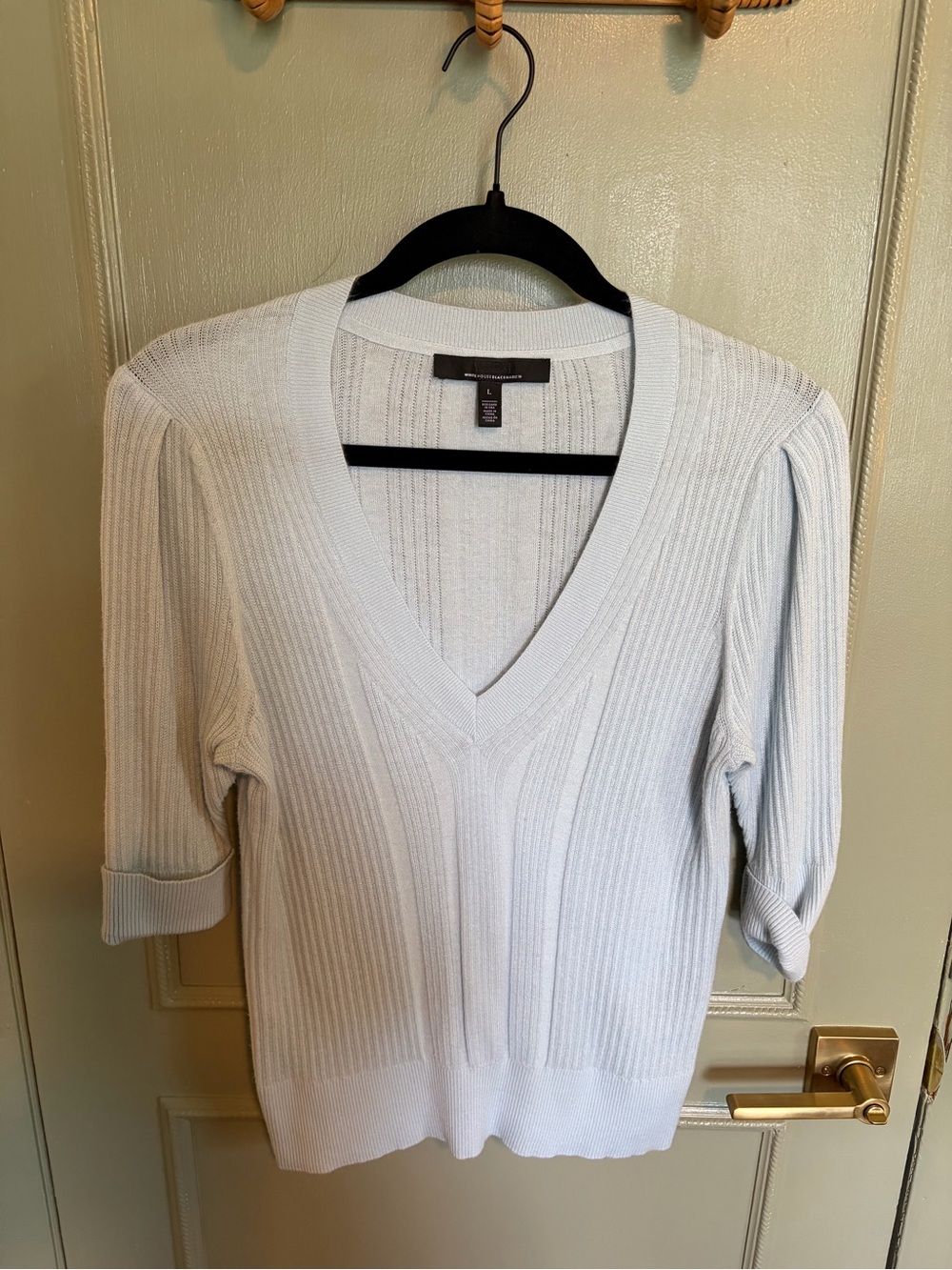 White House Black Market Pale Blue Ribbed V-Neck Sweater